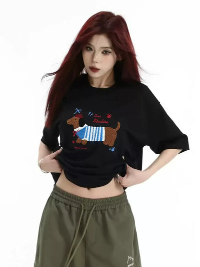 Dachshund Towel Embroidery T-Shirt Korean Street Fashion T-Shirt By INS Korea Shop Online at OH Vault