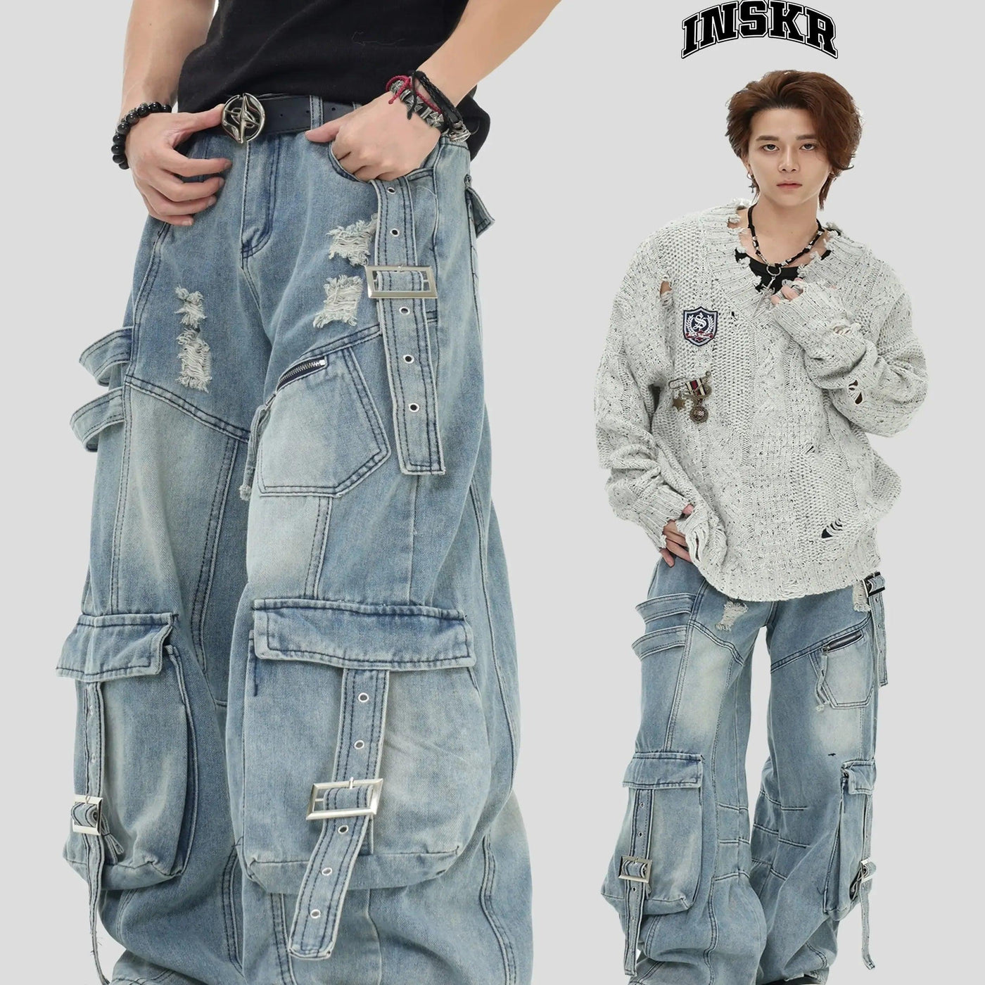 Multiple Straps Detail Cargo Jeans Korean Street Fashion Jeans By INS Korea Shop Online at OH Vault