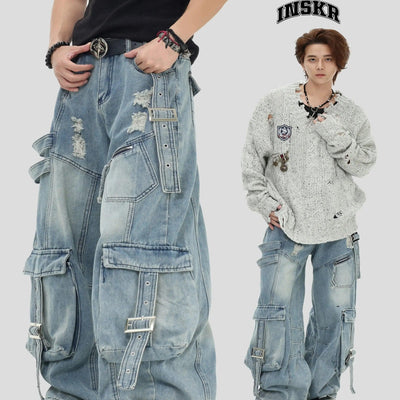 Multiple Straps Detail Cargo Jeans Korean Street Fashion Jeans By INS Korea Shop Online at OH Vault