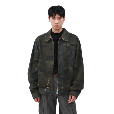 Distressed Camouflage PU Leather Jacket Korean Street Fashion Jacket By Mr Nearly Shop Online at OH Vault