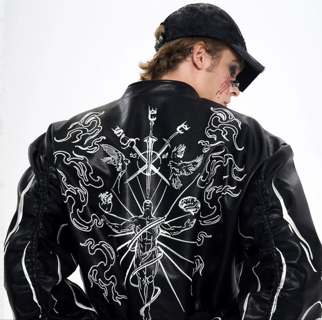 Artwork Stitch PU Leather Jacket Korean Street Fashion Jacket By Slim Black Shop Online at OH Vault
