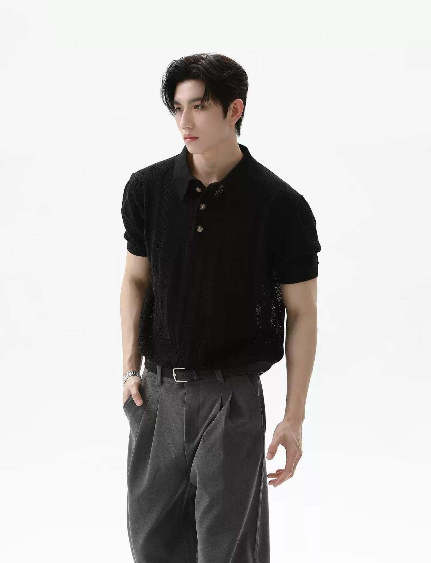 Hollow Textured Knit Polo Korean Street Fashion Polo By Turn Tide Shop Online at OH Vault