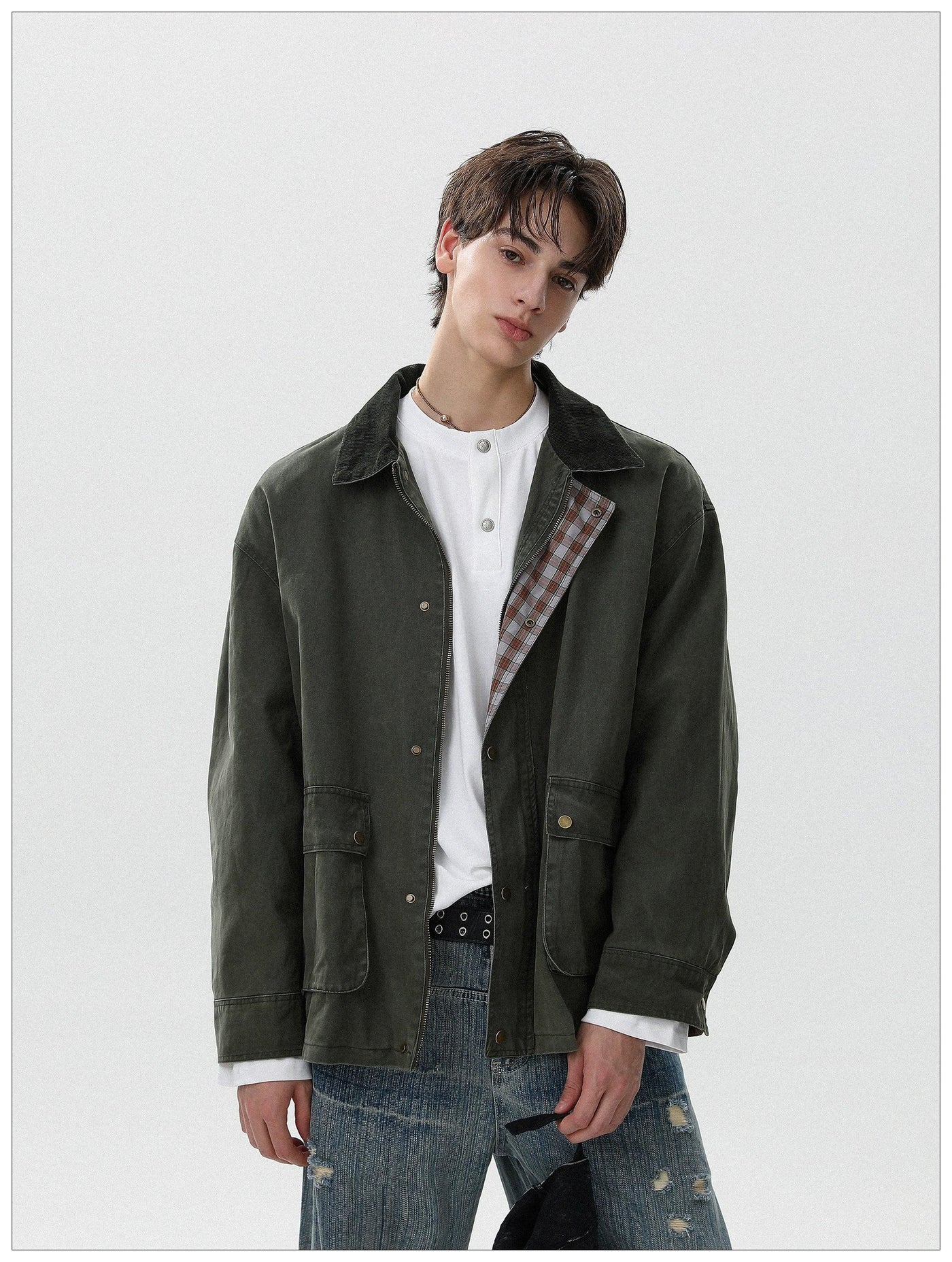 Plaid Lining Snap Buttoned Jacket Korean Street Fashion Jacket By Mr Nearly Shop Online at OH Vault