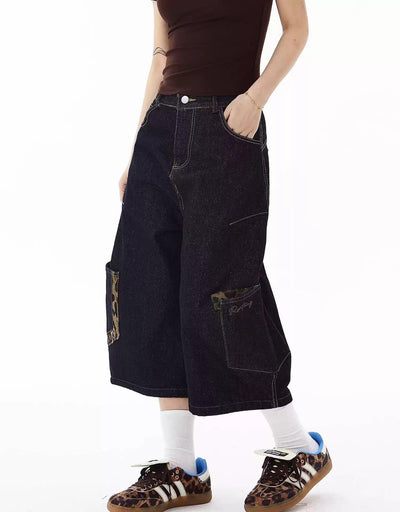 Leopard Detail Pocket Cargo Denim Shorts Korean Street Fashion Shorts By Blacklists Shop Online at OH Vault