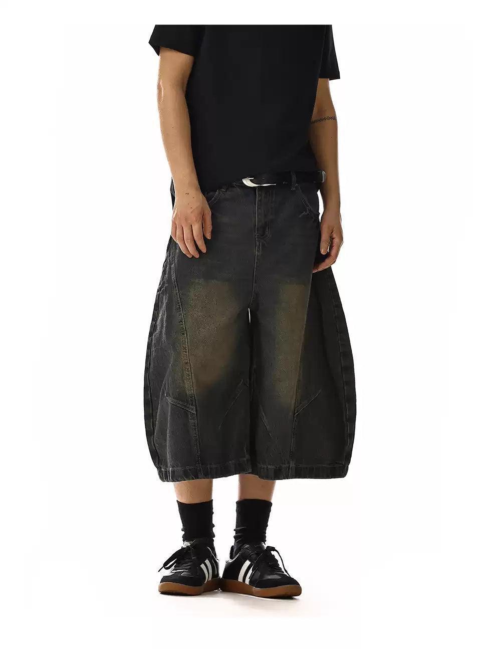 Subtle Faded Curved Cut Denim Shorts Korean Street Fashion Shorts By MEBXX Shop Online at OH Vault