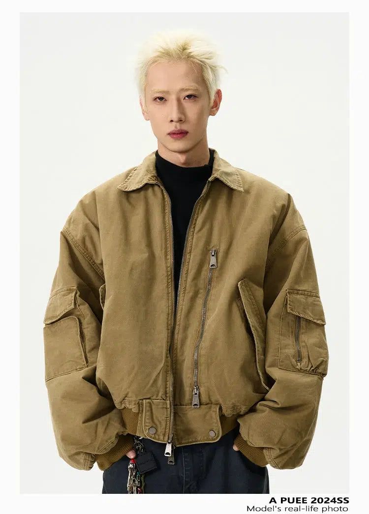 Faded Zipped Pocket Short Jacket Korean Street Fashion Jacket By A PUEE Shop Online at OH Vault