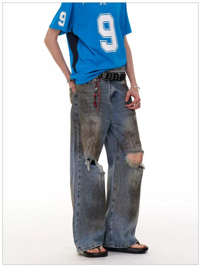 Dirt Smudged Ripped Straight Jeans Korean Street Fashion Jeans By Mr Nearly Shop Online at OH Vault