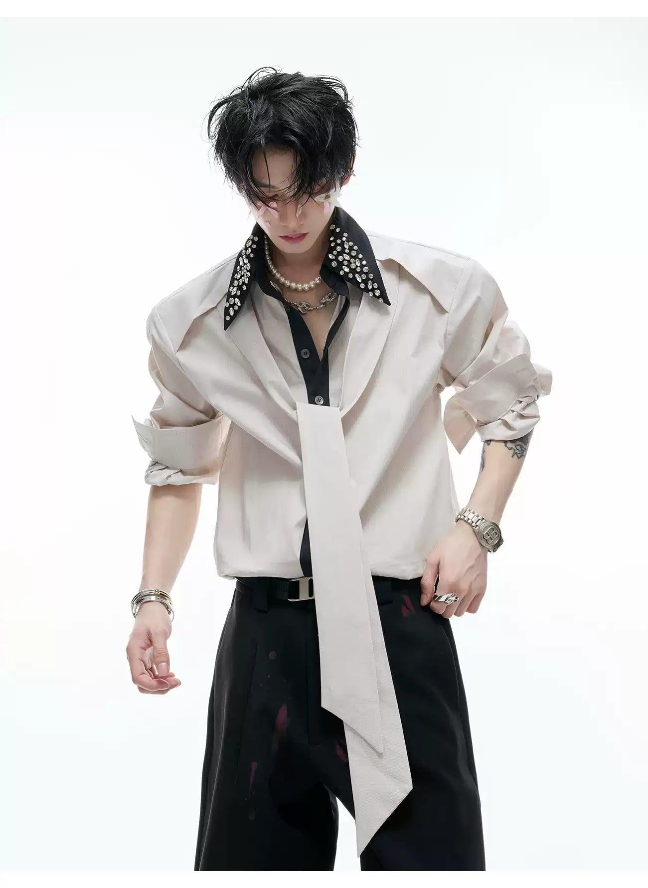 Rhinestone Embellished Strap Detail Shirt Korean Street Fashion Shirt By Argue Culture Shop Online at OH Vault