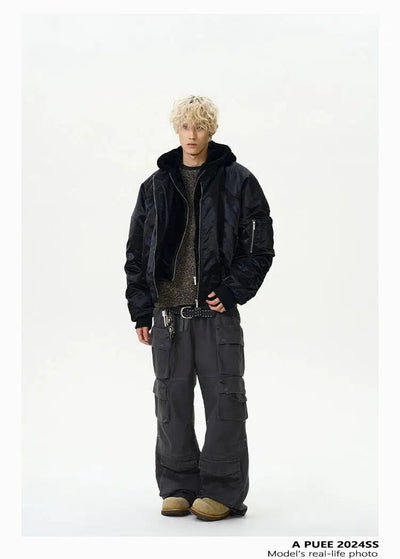 Spliced Plushy Hooded Bomber Jacket Korean Street Fashion Jacket By A PUEE Shop Online at OH Vault