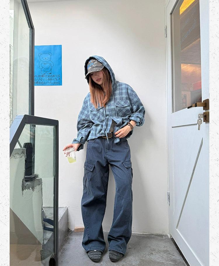 Checkered Hooded Buttoned Shirt Korean Street Fashion Shirt By Made Extreme Shop Online at OH Vault