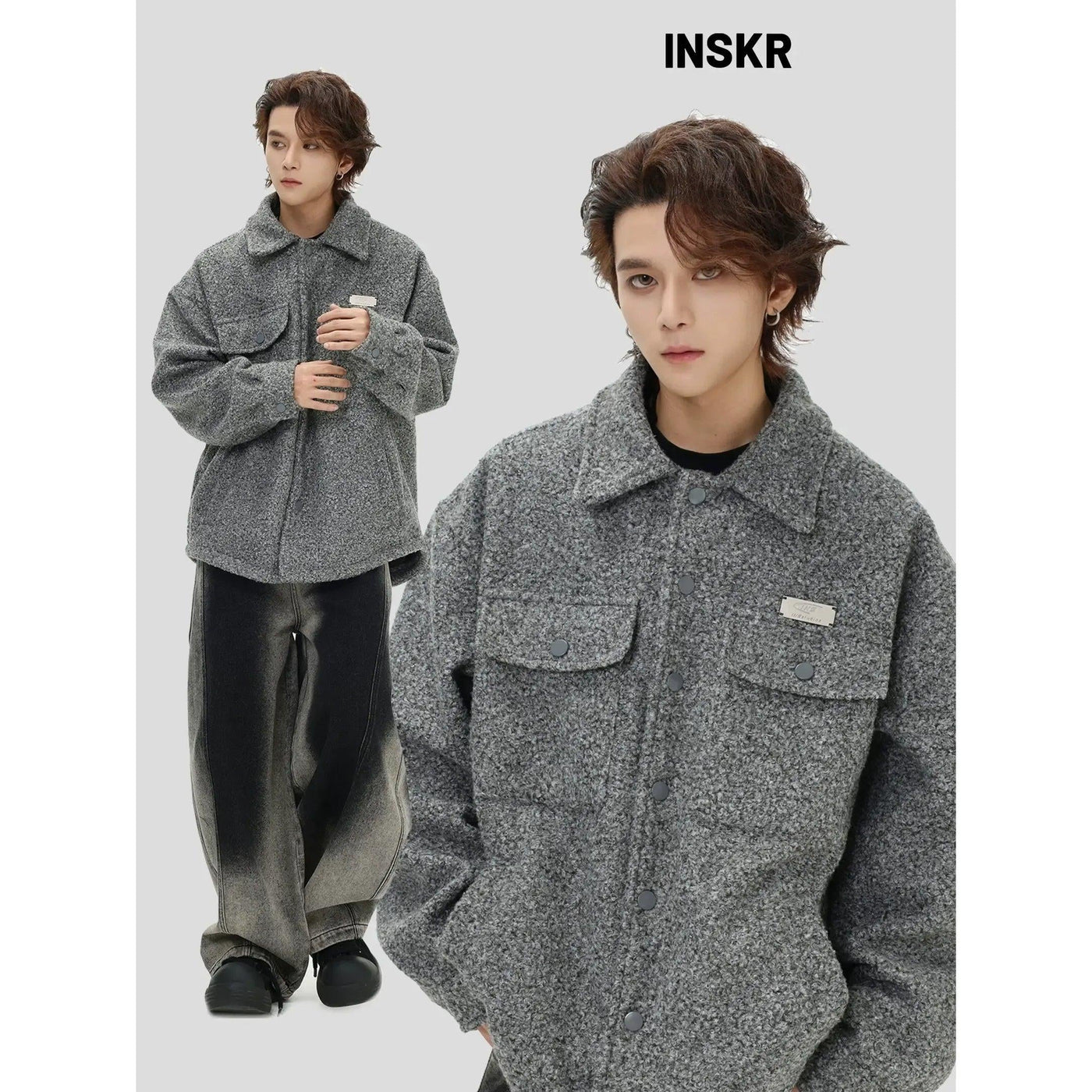 Buttoned Pockets Textured Jacket Korean Street Fashion Jacket By INS Korea Shop Online at OH Vault