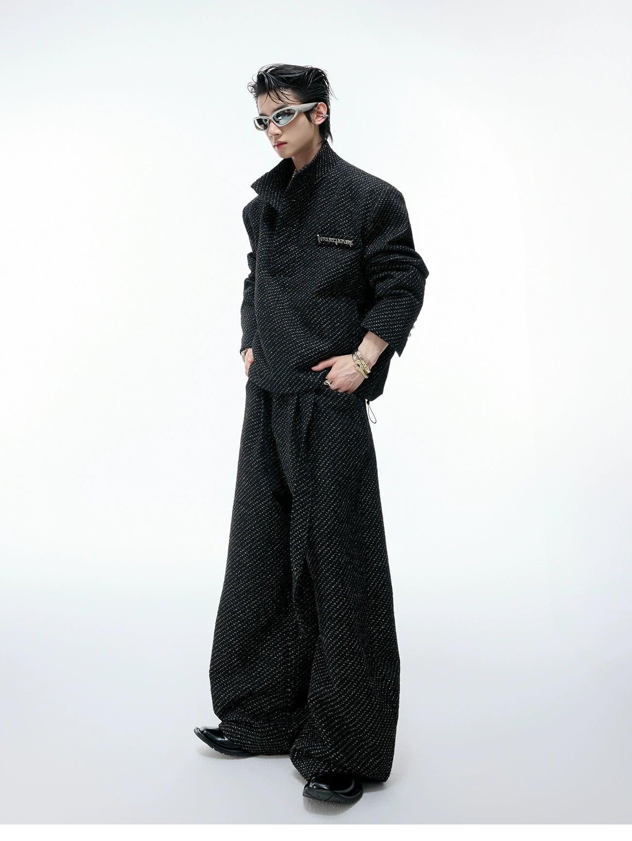 Tweed Textured Pearl Half Buttoned & Wide Leg Pants Set Korean Street Fashion Clothing Set By Argue Culture Shop Online at OH Vault