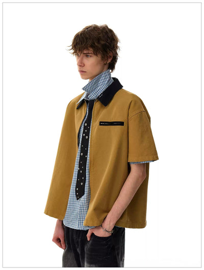 Contrast Collar Boxy Zipped Shirt Korean Street Fashion Shirt By Mr Nearly Shop Online at OH Vault