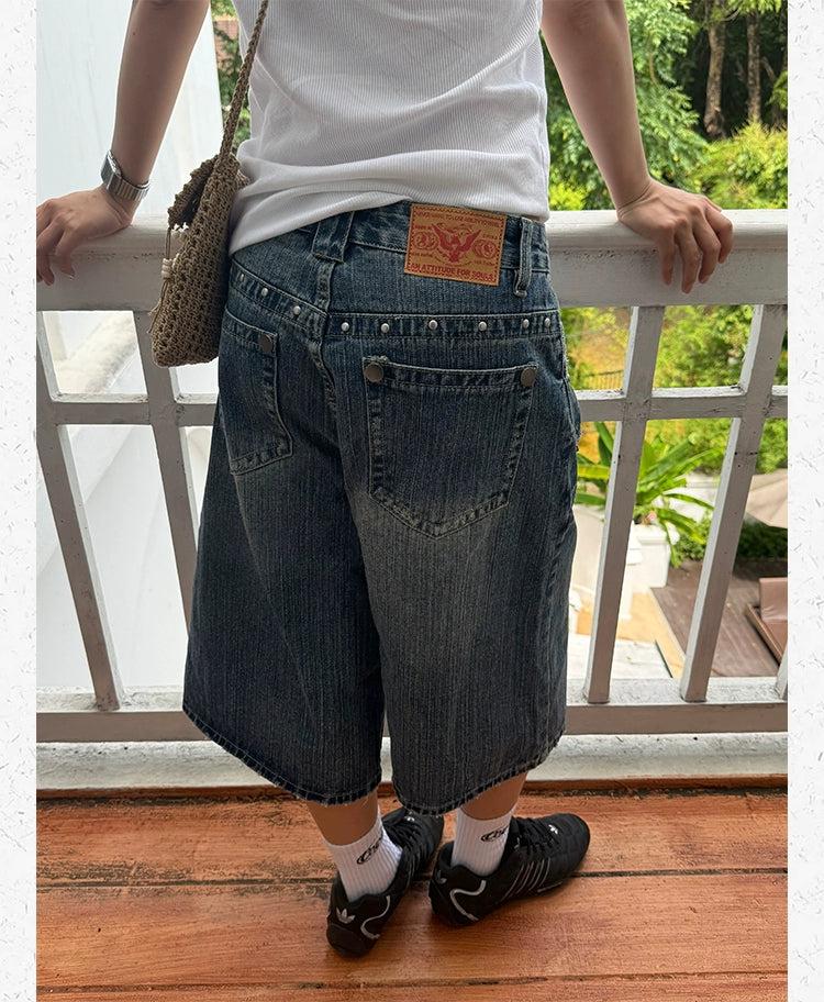 Retro Rivet Faded Denim Shorts Korean Street Fashion Shorts By Made Extreme Shop Online at OH Vault