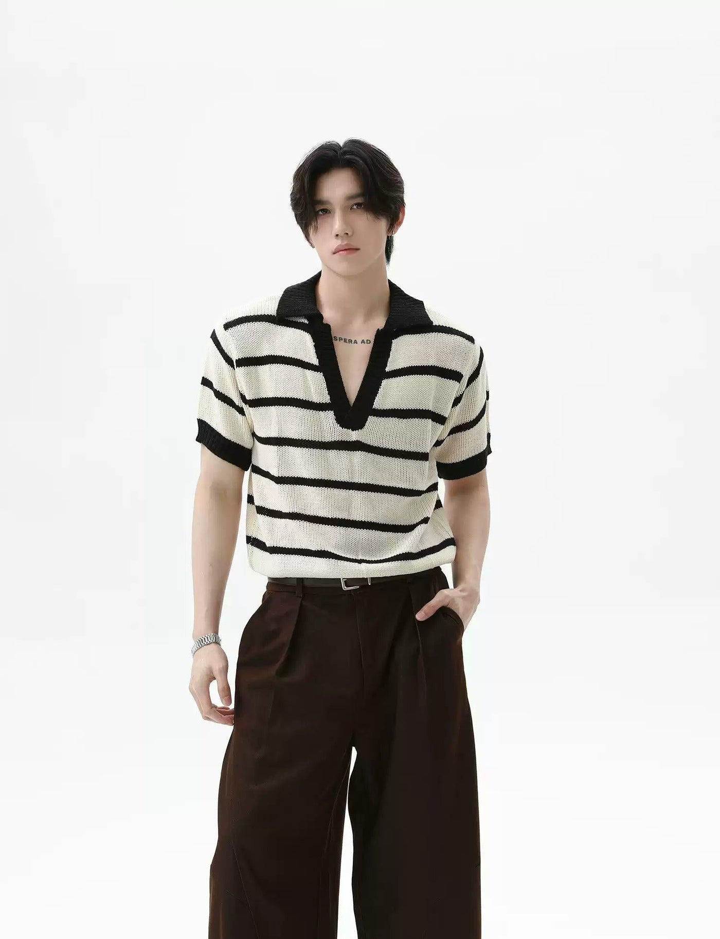 Striped Knit V-Neck Polo Korean Street Fashion Polo By Turn Tide Shop Online at OH Vault