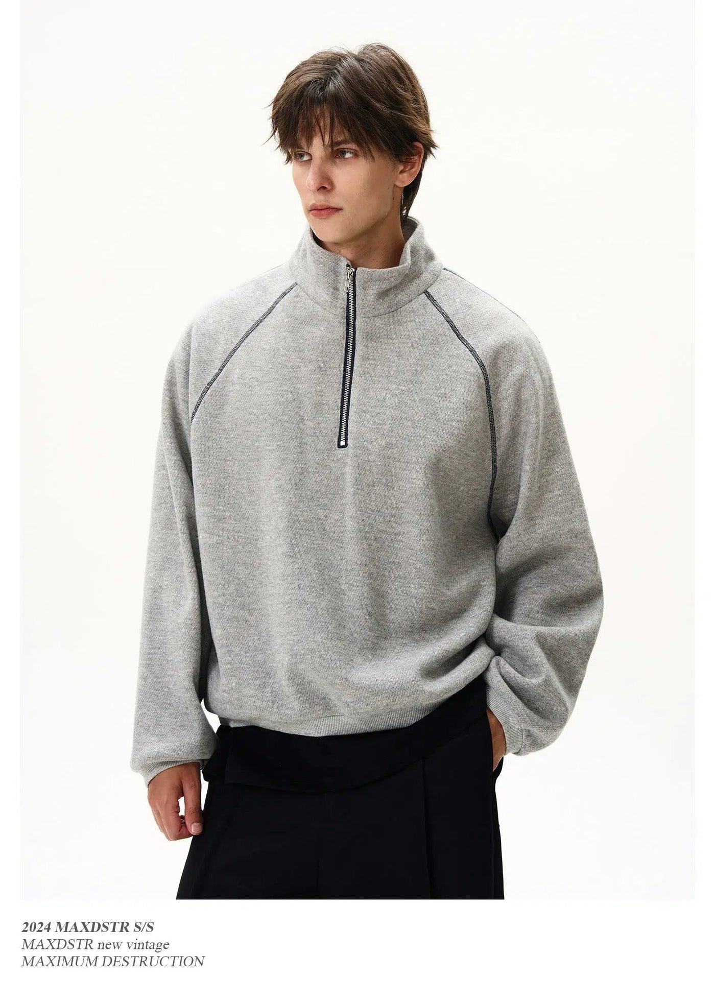 Relaxed Stand Collar Half-Zip Korean Street Fashion Half-Zip By MaxDstr Shop Online at OH Vault