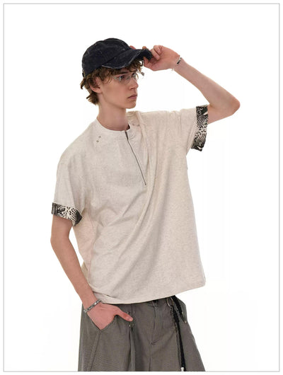 Contrast Spliced Sleeve Half-Zipped T-Shirt Korean Street Fashion T-Shirt By Mr Nearly Shop Online at OH Vault