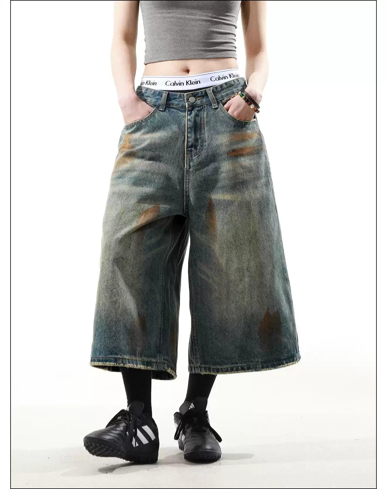 Stain Washed Wide Denim Shorts Korean Street Fashion Shorts By Mr Nearly Shop Online at OH Vault