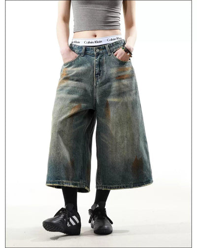 Stain Washed Wide Denim Shorts Korean Street Fashion Shorts By Mr Nearly Shop Online at OH Vault