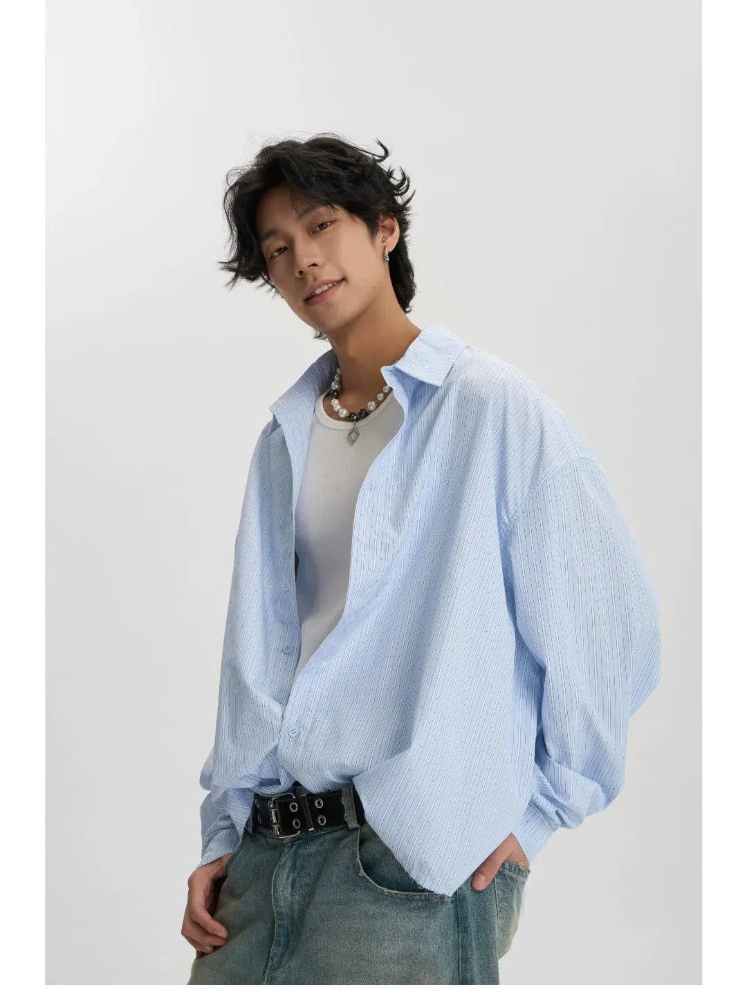 Rhinestones Thin Stripes Shirt Korean Street Fashion Shirt By JHYQ Shop Online at OH Vault