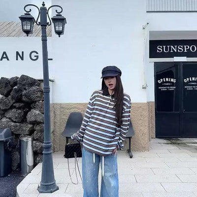 Striped Pattern Long Sleeve Polo Korean Street Fashion Polo By Jump Next Shop Online at OH Vault