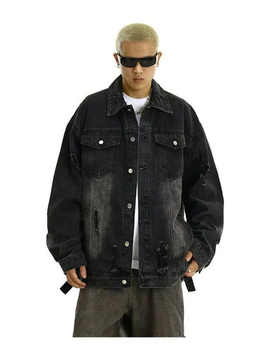 Faded Ripped Detail Denim Jacket Korean Street Fashion Jacket By MEBXX Shop Online at OH Vault