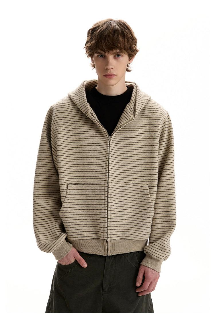 Ribbed Hem Stripes Zip-Up Hoodie