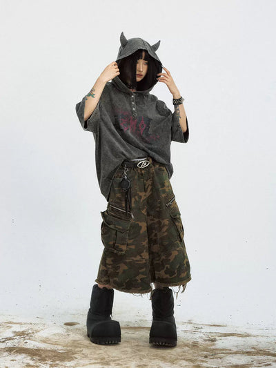 Horned Hood Washed Shirt Korean Street Fashion Shirt By PeopleStyle Shop Online at OH Vault