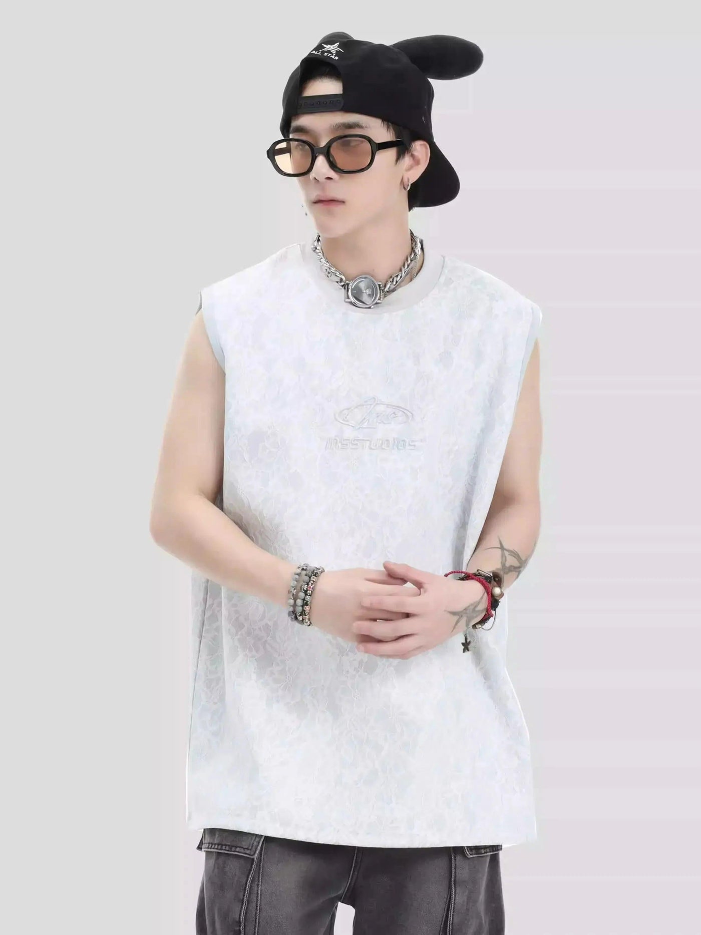 Embroidered Logo Lace Layered Tank Top Korean Street Fashion Vest By INS Korea Shop Online at OH Vault
