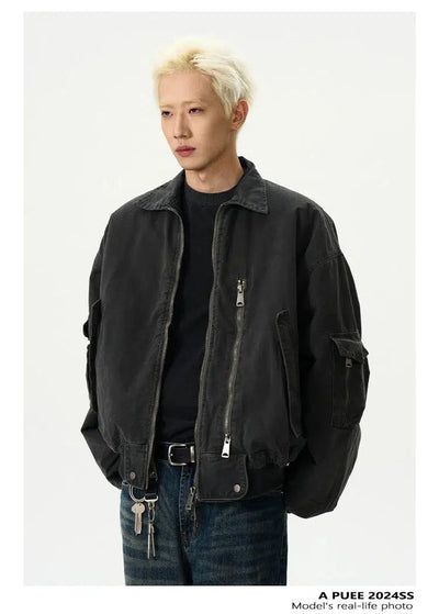 Faded Zipped Pocket Short Jacket Korean Street Fashion Jacket By A PUEE Shop Online at OH Vault