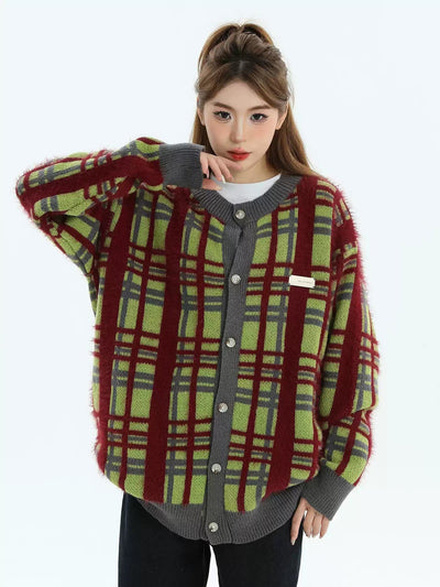 Plaid Contrast Buttoned Cardigan Korean Street Fashion Cardigan By INS Korea Shop Online at OH Vault