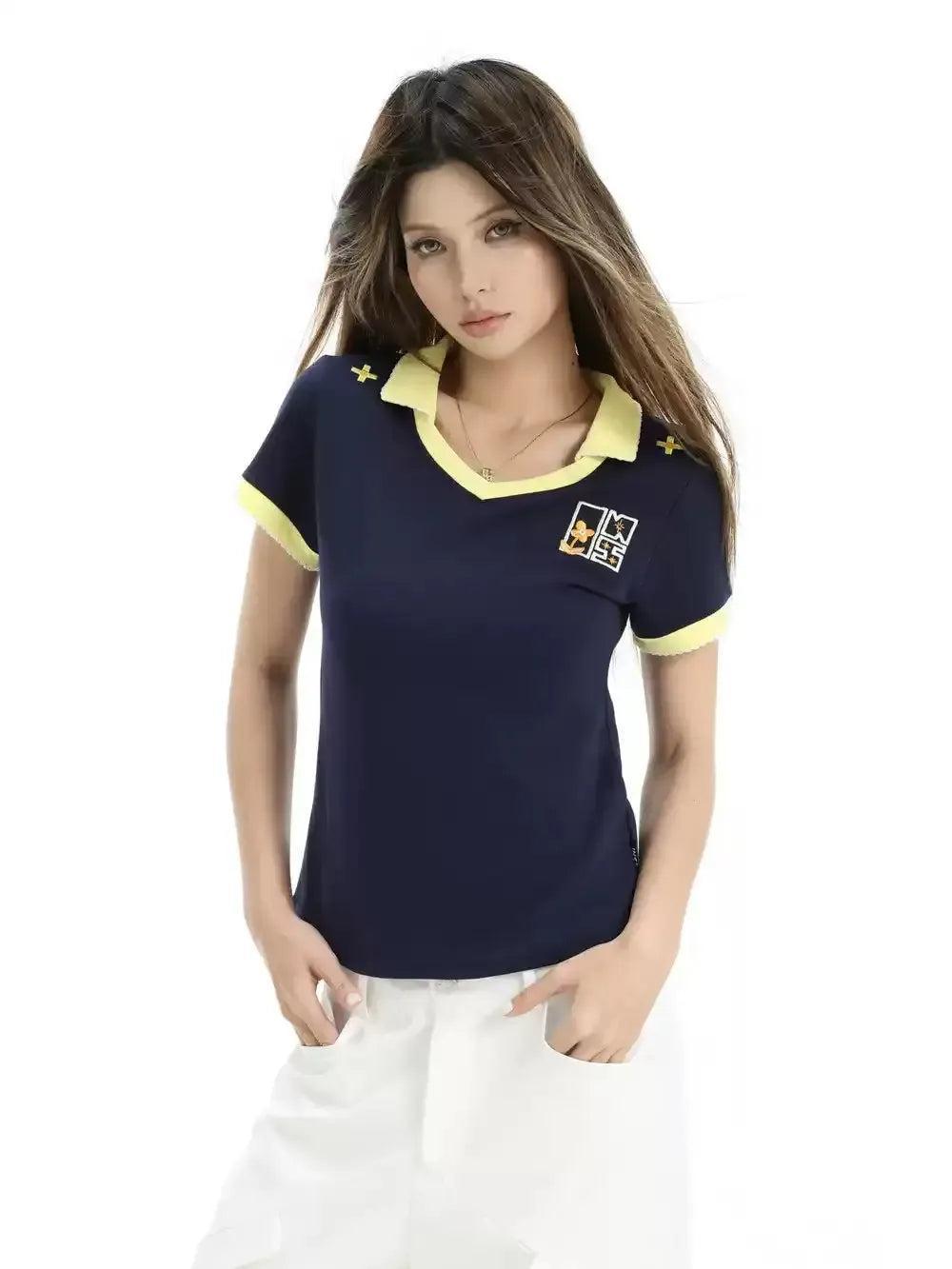 Embroidered Logo Contrast Collar T-Shirt Korean Street Fashion T-Shirt By INS Korea Shop Online at OH Vault