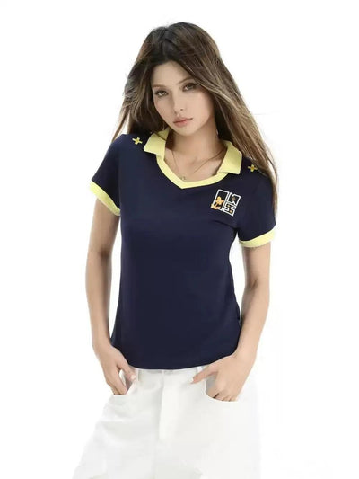 Embroidered Logo Contrast Collar T-Shirt Korean Street Fashion T-Shirt By INS Korea Shop Online at OH Vault