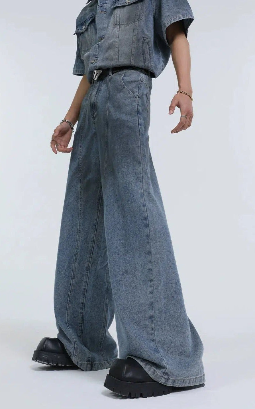 Boxy Denim Shirt & Loose Jeans Set Korean Street Fashion Clothing Set By Turn Tide Shop Online at OH Vault