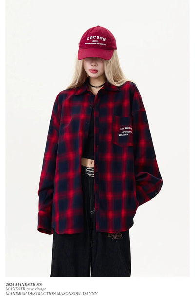 Gradient Plaid Embroidered Letters Shirt Korean Street Fashion Shirt By MaxDstr Shop Online at OH Vault