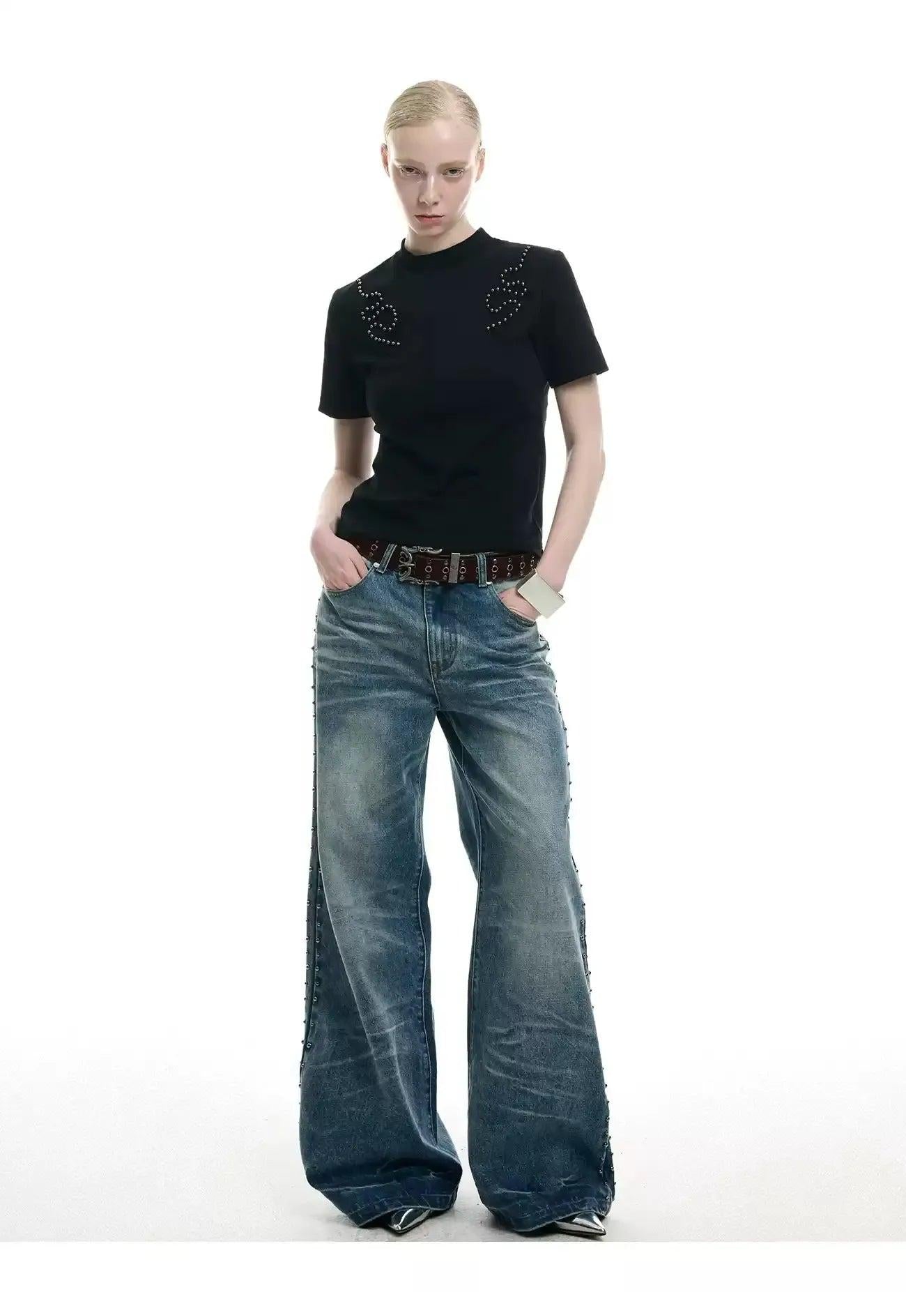 Beaded Seam Wide Flared Jeans Korean Street Fashion Jeans By Argue Culture Shop Online at OH Vault
