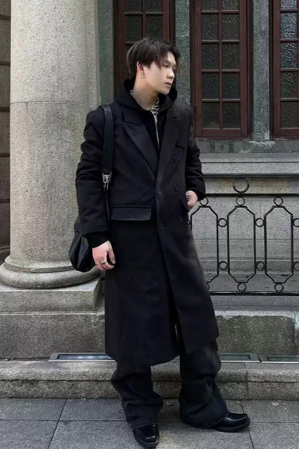 Double Breasted Lapel Long Coat Korean Street Fashion Long Coat By Dark Fog Shop Online at OH Vault