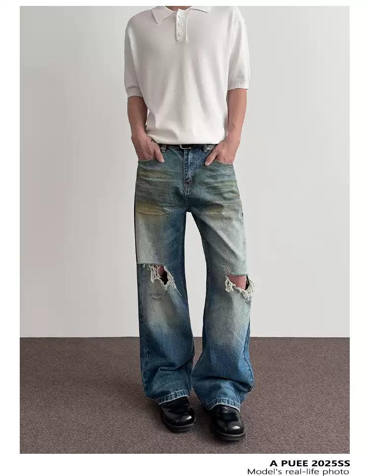 Muddy Faded Ripped Knee Jeans Korean Street Fashion Jeans By A PUEE Shop Online at OH Vault