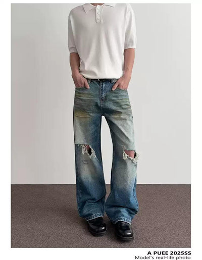 Muddy Faded Ripped Knee Jeans Korean Street Fashion Jeans By A PUEE Shop Online at OH Vault