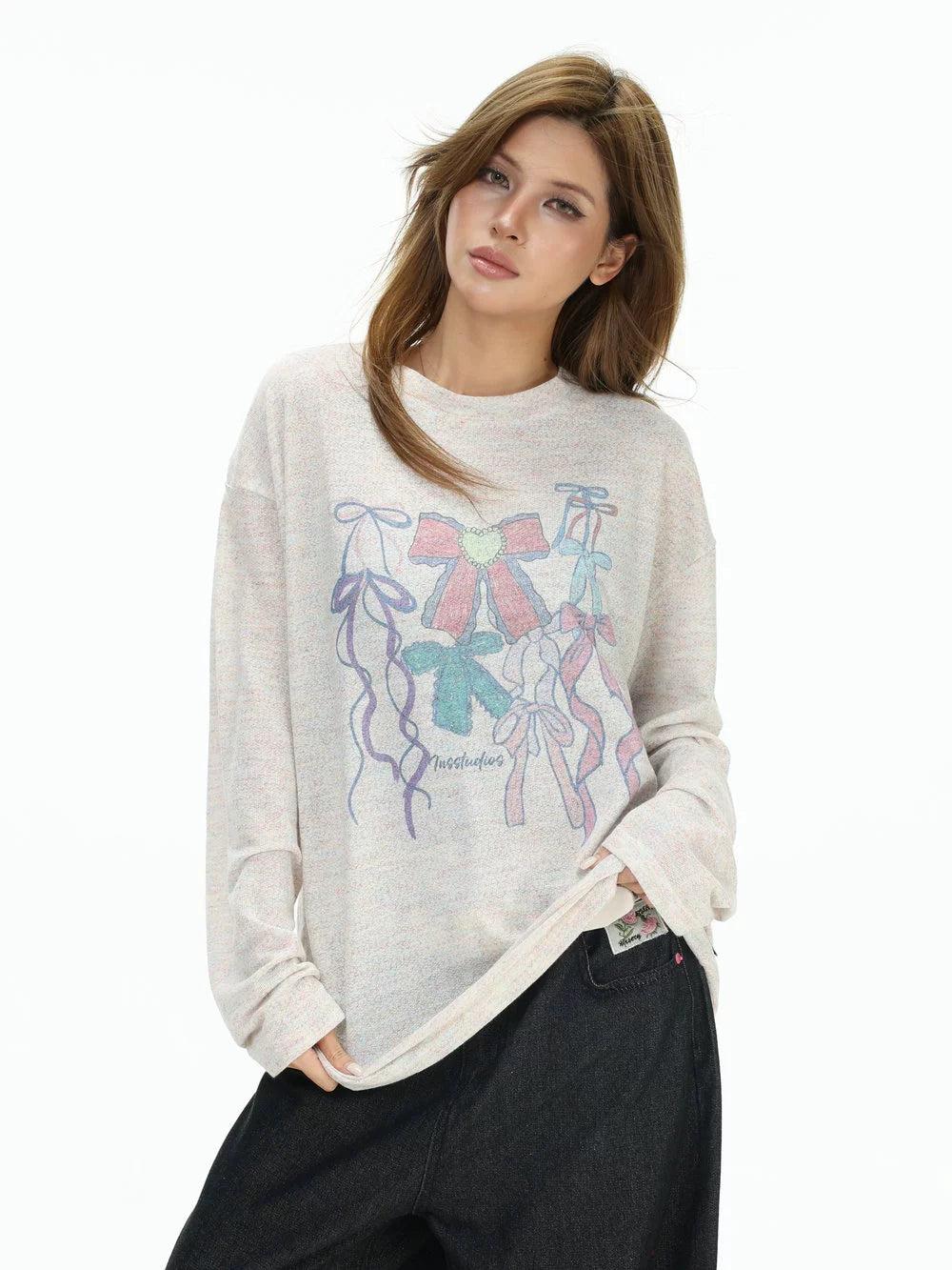 Colored Bow Graphic Textured T-Shirt Korean Street Fashion T-Shirt By INS Korea Shop Online at OH Vault