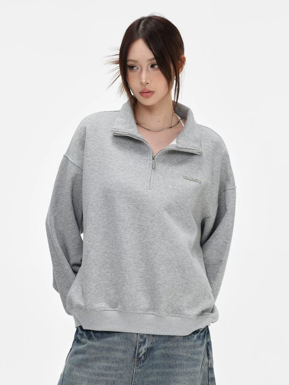 Metallic Logo Stand Collar Half-Zip Korean Street Fashion Half-Zip By INS Korea Shop Online at OH Vault