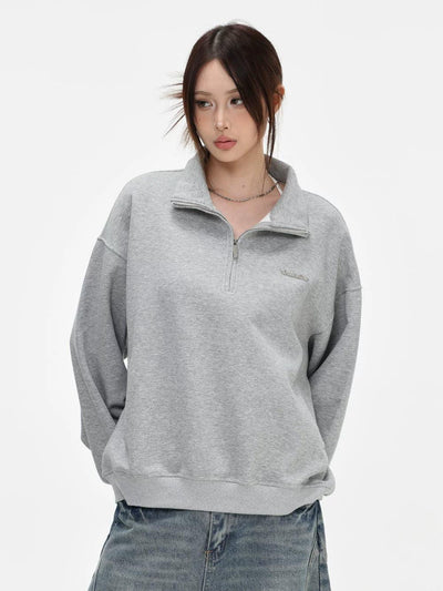 Metallic Logo Stand Collar Half-Zip Korean Street Fashion Half-Zip By INS Korea Shop Online at OH Vault