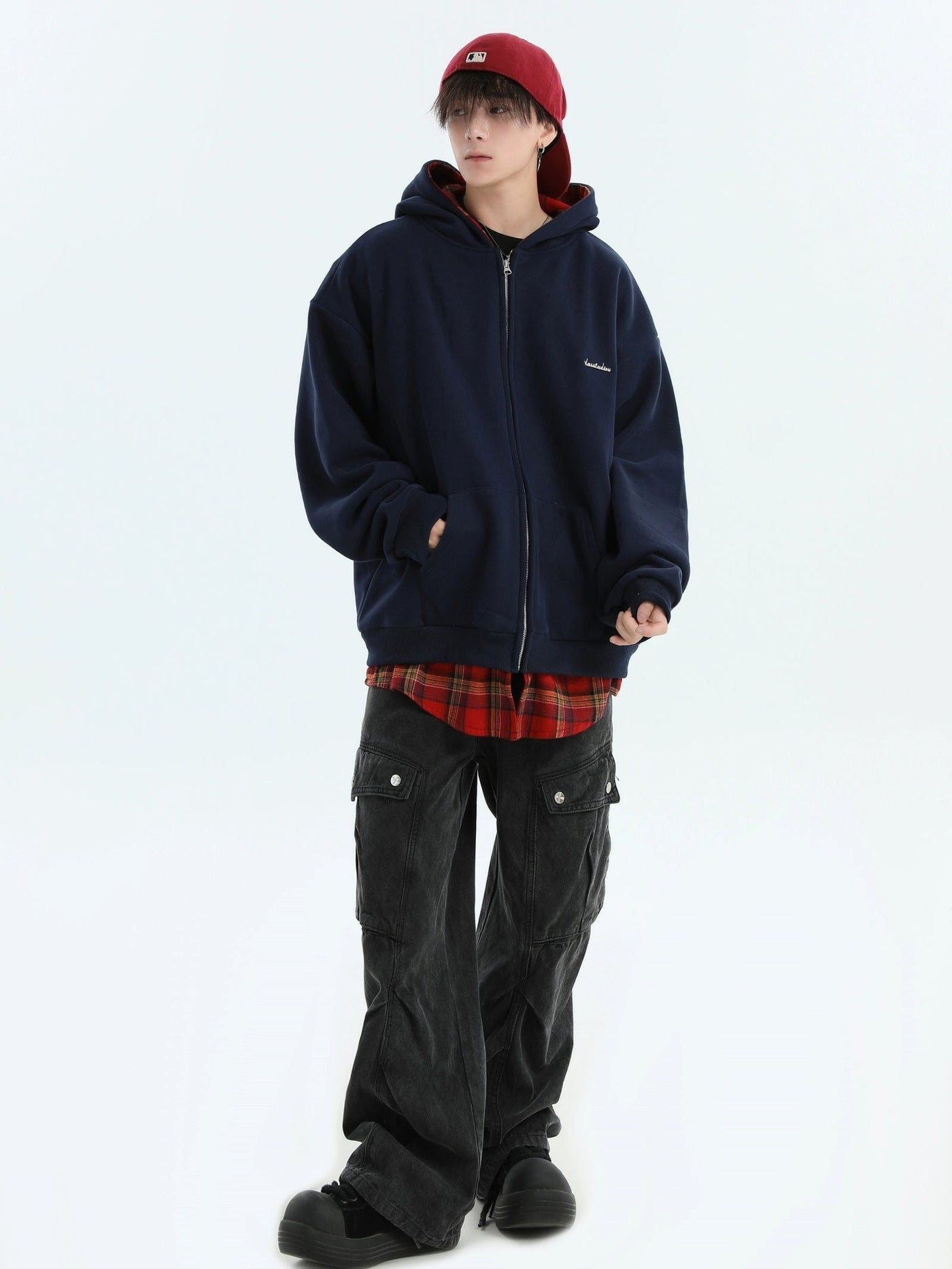 Plaid Layer Zipped Hoodie Korean Street Fashion Hoodie By INS Korea Shop Online at OH Vault