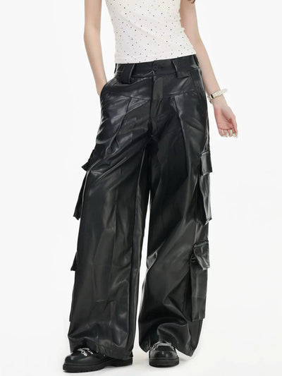 Multi Flap Pocket Faux Leather Pants Korean Street Fashion Pants By INS Korea Shop Online at OH Vault