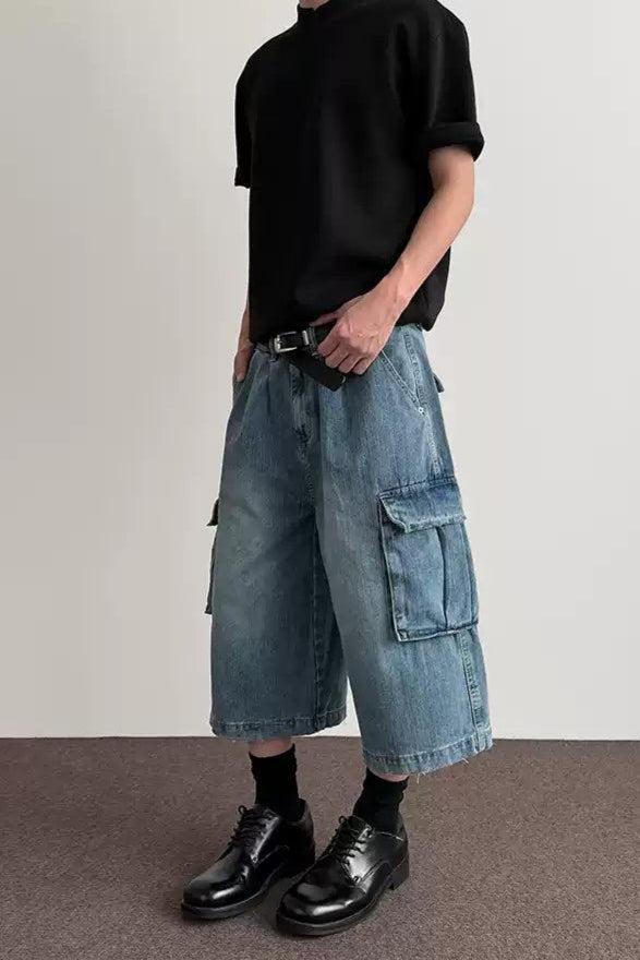 Faded Cargo Denim Shorts Korean Street Fashion Shorts By A PUEE Shop Online at OH Vault