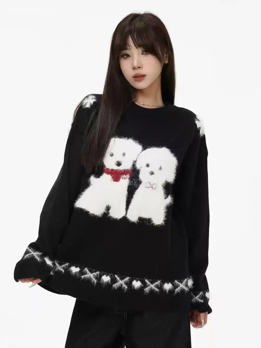 Dog Graphic Fuzzy Sweater Korean Street Fashion Sweater By INS Korea Shop Online at OH Vault