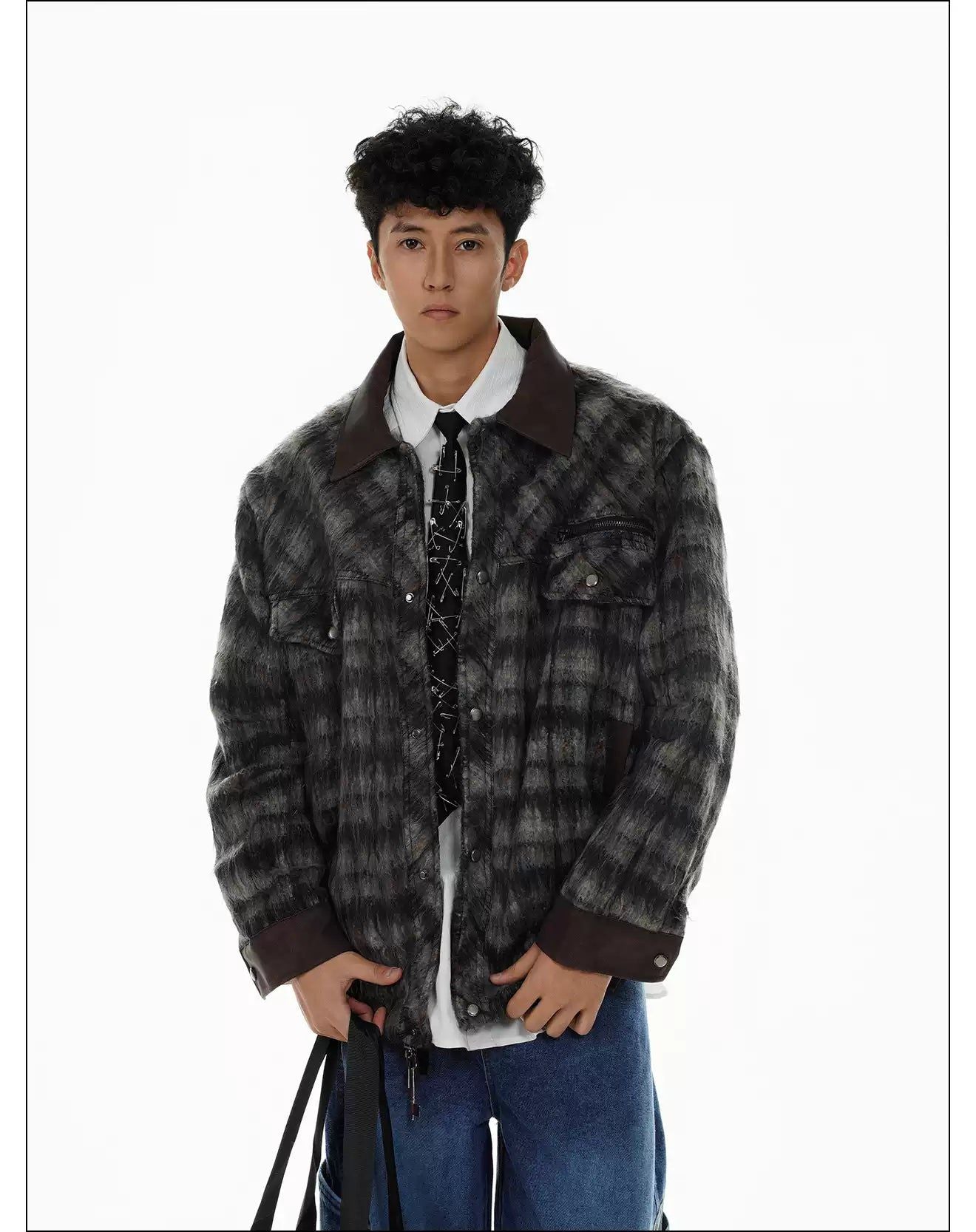 Fuzzy Spliced Plaid Jacket Korean Street Fashion Jacket By Mr Nearly Shop Online at OH Vault