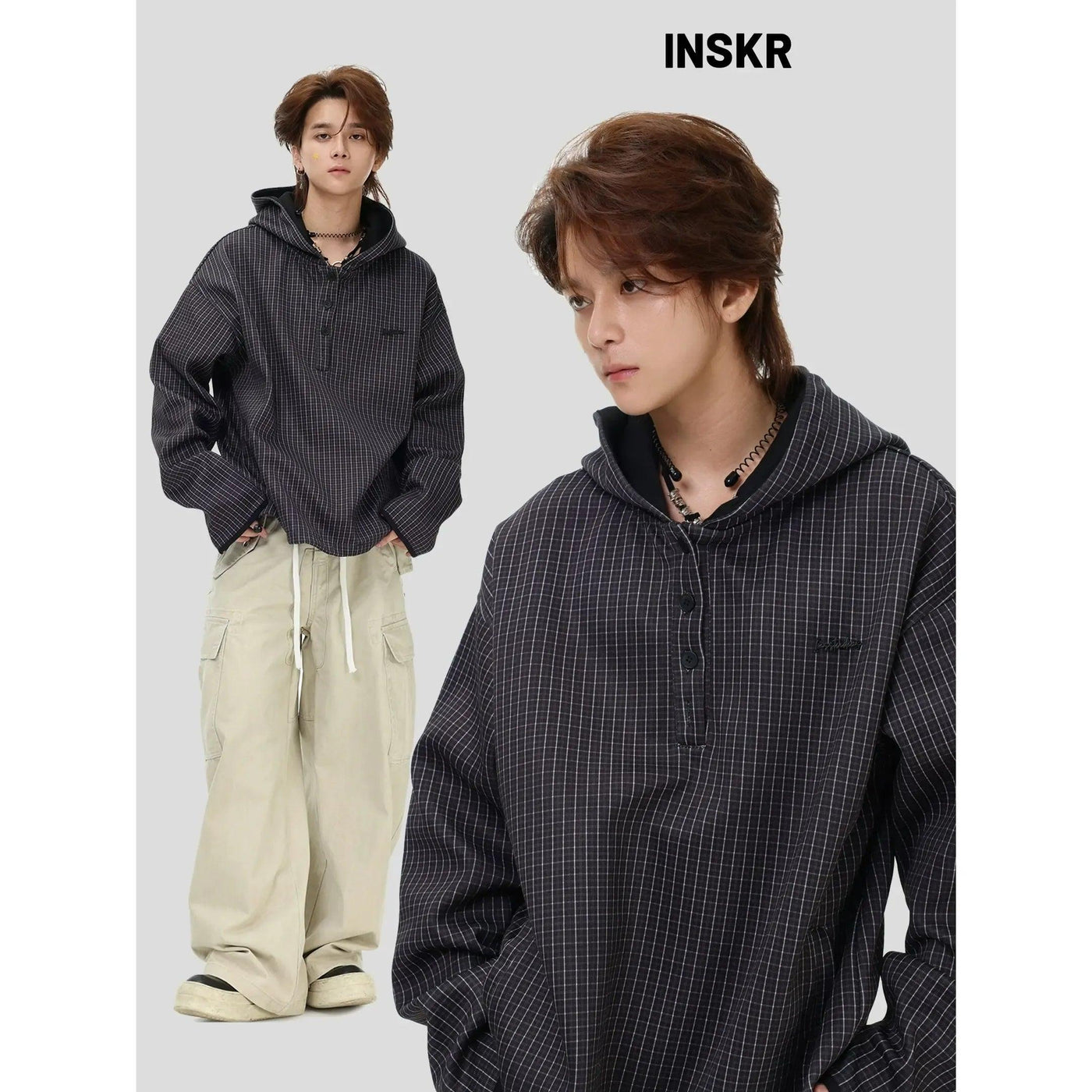 Checkered Half-Button Hooded Jacket Korean Street Fashion Jacket By INS Korea Shop Online at OH Vault