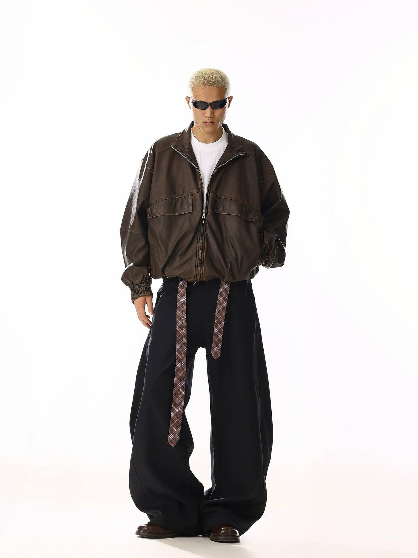 Plaid Belt Strap Wide Pants Korean Street Fashion Pants By MEBXX Shop Online at OH Vault