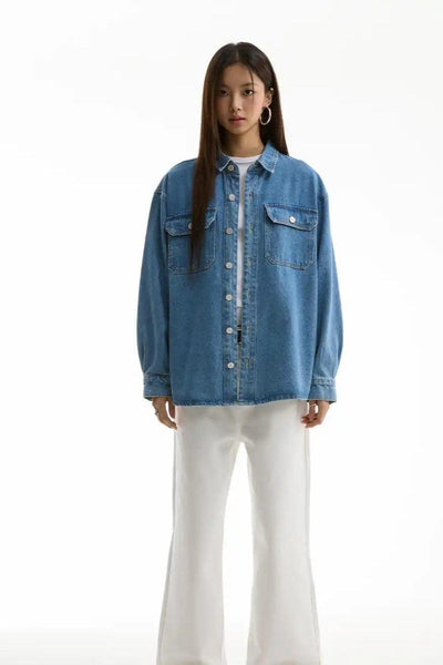 Washed Front Pockets Denim Shirt Korean Street Fashion Shirt By Funky Fun Shop Online at OH Vault